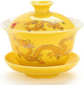 Porcelain Kung Fu Tea Cup and Saucer with Lid, Chinese Traditional Gaiwan Sancai Tea Bowl Tea Set Dragon Pattern (Yellow)