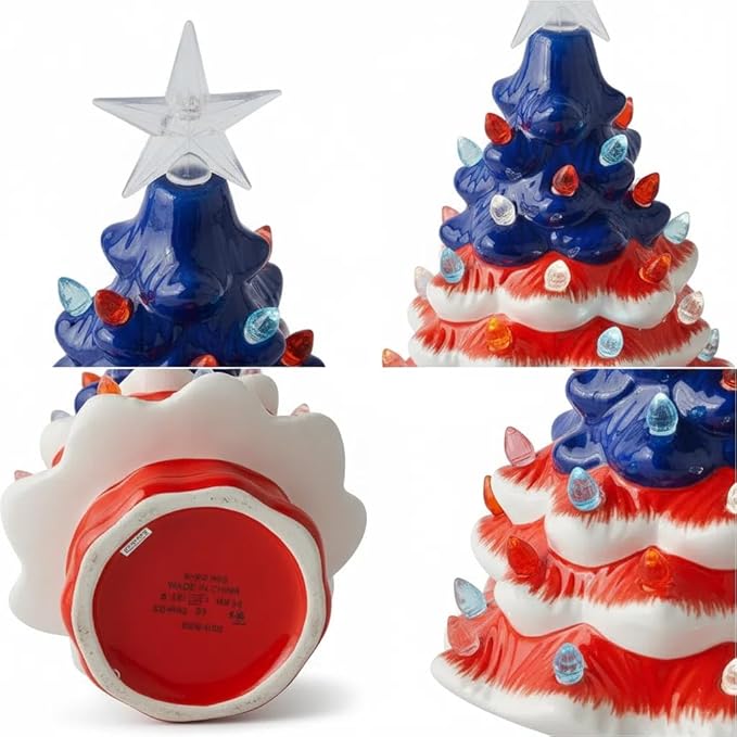 Small Resin Christmas Tree Decor, Tabletop Christmas Tree Star Topper, Holiday Decoration with 40 Multi-Color Lights, Xmas Fall Decorations for Home (Independence)