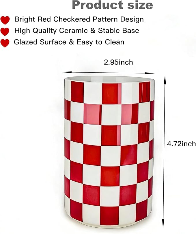Ceramic Toothbrush Holder, Red Tooth Brush Holders for Bathrooms, Modern Cute Toothbrush Tumbler/Cup, Toothbrushes Toothpaste Dispenser for Countertop Storage, Checkered Bathroom Decor