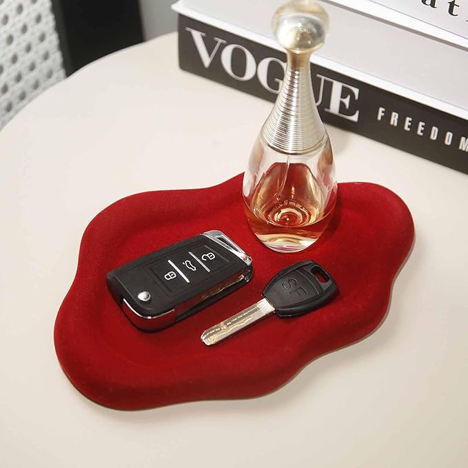 Jewelry Dish Trinket Tray for Women, Ring Dish Holder, Unique Cloud Shape Ceramic Plate Cute Things Vanity Aesthetic Room Decor Mother's Day Birthday (Flocked Scarlett)