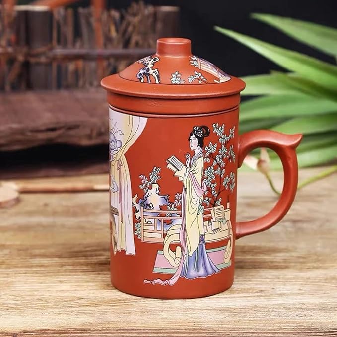 Ceramic Teacup, Chinese Hand Painted Purple Clay Tea Mug with Lid and Infuser, (13oz) Zisha Water Mug Drinkware for Office Home (red lady)