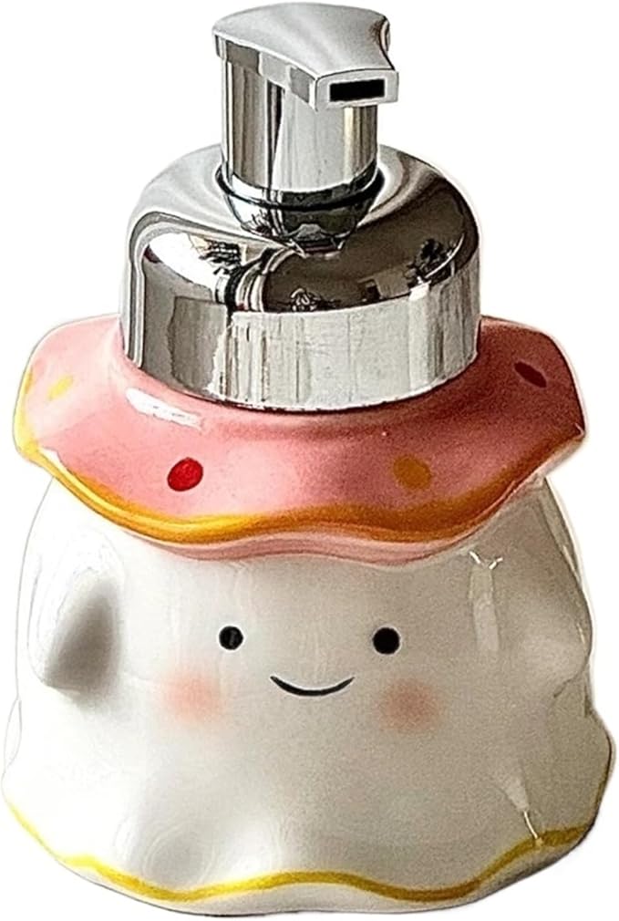 380ml Cute Ghost Ceramic Foaming Soap Dispenser - ABS Plastic Pump Container for Bathroom Vanity, Reusable Hand Soap/Bath Foam Dispenser(Pink)