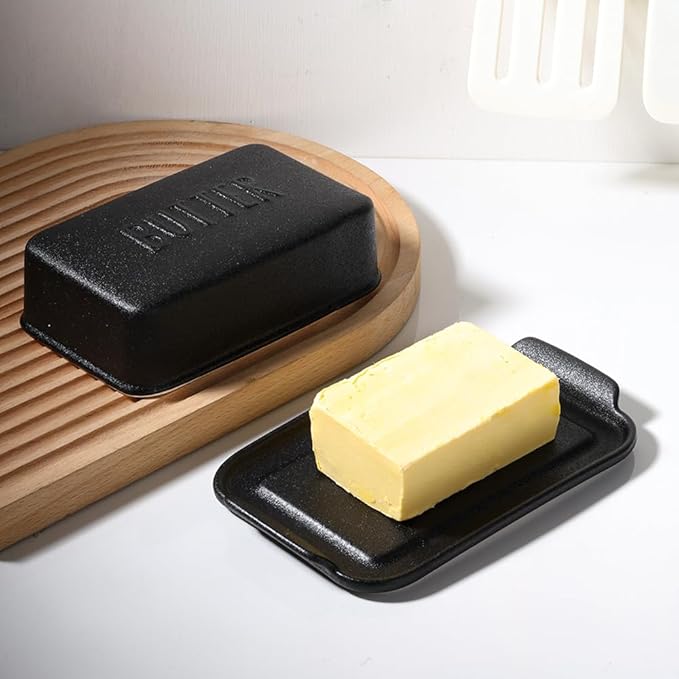 Porcelain Covered Butter Dish with Lid for Countertop Butter Holder Container for One Stick of Butter. Textured Tray Butter Keeper for Non Slip Storage-BLACK SMALL