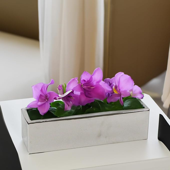 WGVI Long Rectangle Ceramic Planter Vase in Silver 14" x 4" x 4"H, Rectangular Box Block Terrarium Pot, Flower Arrangement, Tabletop Centerpiece, Home Decor Organization Storage Container, 4 Pcs