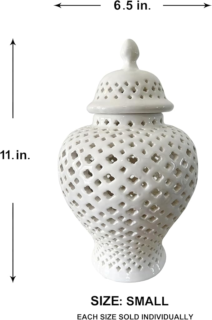 Noori Home - 100% Modern Glam Artisan Ceramic ELLA Small White Ginger Jar Urns with Lid 6.5x6.5x11