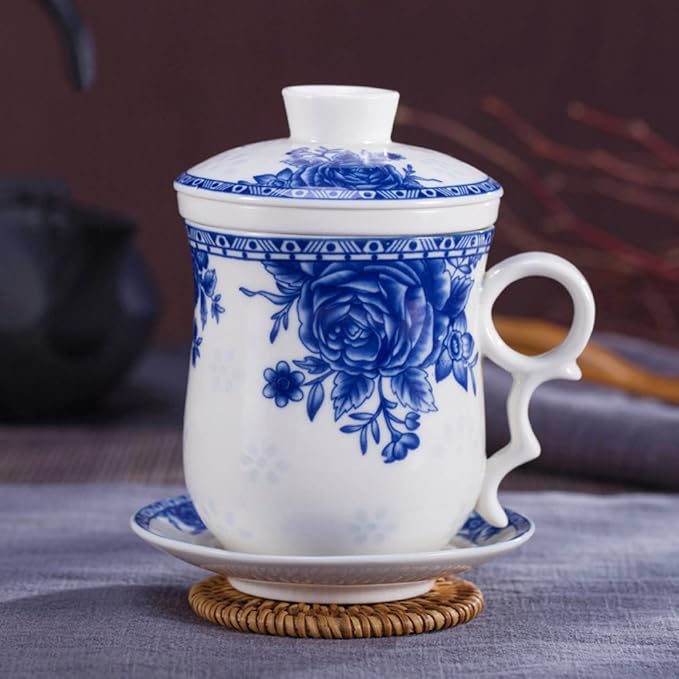 Porcelain Tea Cup with Infuser Lid and Saucer Sets - Chinese Jingdezhen Ceramics Coffee Mug Teacup Loose Leaf Tea Brewing System for Home Office