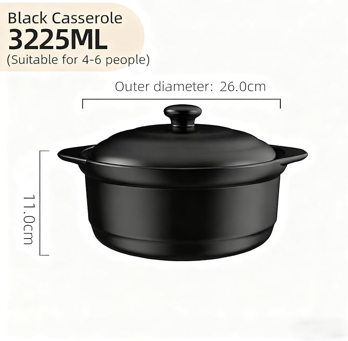Ceramic Pot with Lid, Heat-Resistant Clay Pot for Cooking, Korean Stone Pot for Soup, Bibimbap, and Stew, 1.9 Quart,3.2L,Black