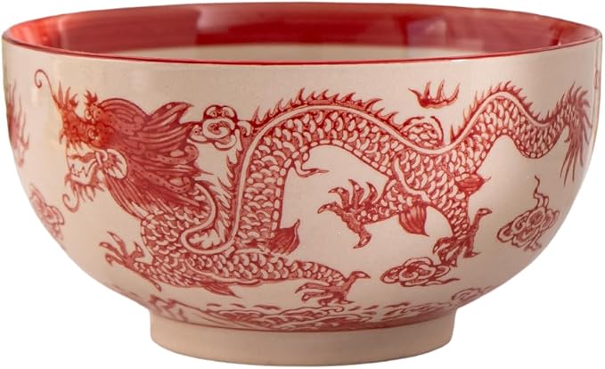 Urban Tokyo Japanese Kamameshi Style Ceramic Glazed Japanese Ramen Udon Pho Noodle Bowl With Spoon, Bamboo Lid, Chopsticks and Trivet 5 Piece Set (Red Dragon)