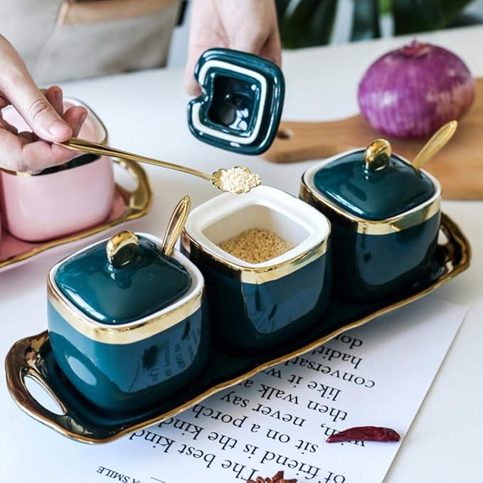 Set of 3 Porcelain Condiment Jar Spice Container with Lids, Ceramic Sugar Bowls Condiment Pots Spice Jars Seasoning Box Set, Best Spice jar for Your Home, Kitchen, Counter (White suit)