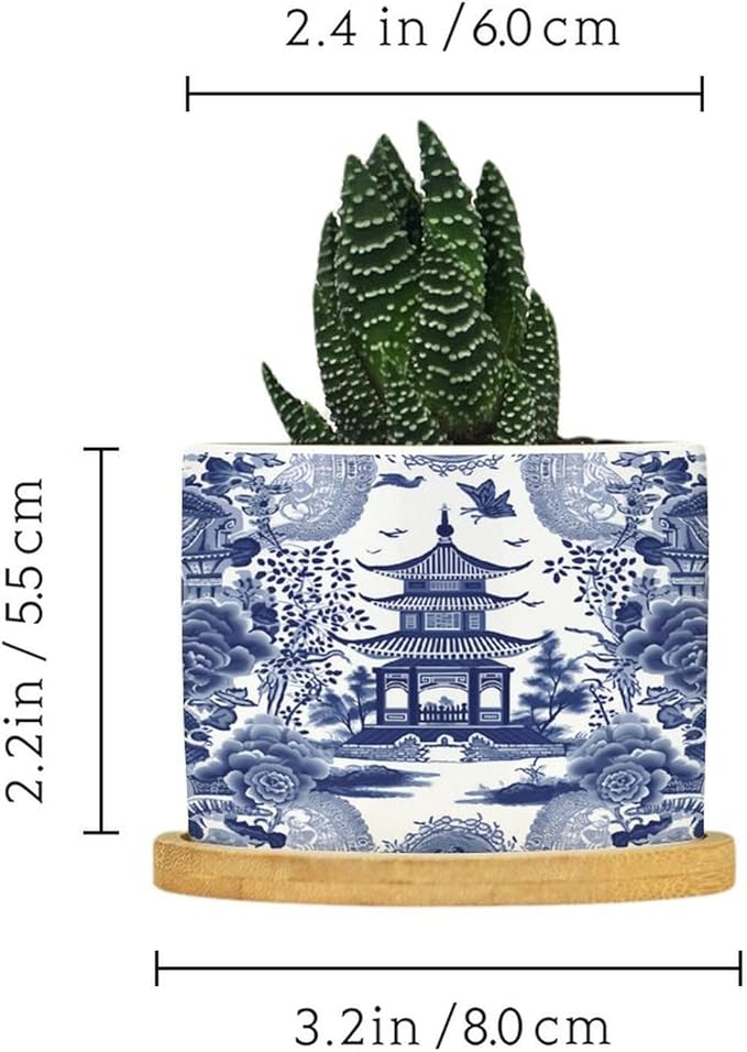Chinoiserie Blue Asian Planters Ceramic Chinoiserie Chic Asian Round Plant Pots with Drainage Holes and Bamboo Tray Pot for Succulents Cactus Garden Windowsill