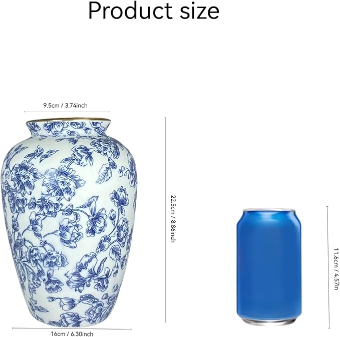 Blue and White Chinoiserie vase - Vintage Ceramic vase with Antique Design, Perfect for Chinoiserie Home Decor 9in Flower vase04