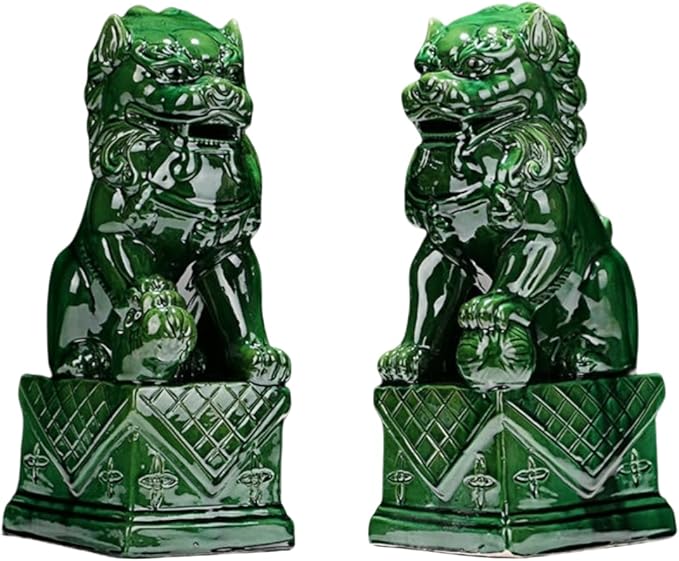Handmade Ceramic Animal Statue Ceramic Lions Pair Home Decorations Asian Art Desktop Feng Shui Ornaments Dark Green