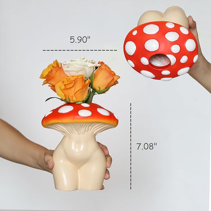 GUGUGO Mushroom Lady Body Vase for Flower, Funky Mushroom Decor, Eclectic Lady Form Butt Vases for Flowers, Unique Cute Face Head Room Decor Aesthetic for Modern Home, Gradient Head & Ivory Body