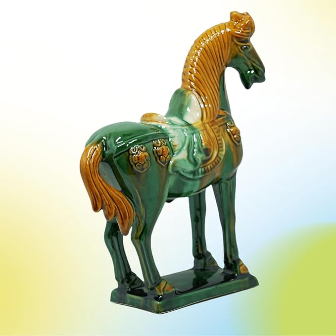 Handmade Tang Dynasty Tri-Color Horse Ceramic Sculpture - 19cm Traditional Chinese Cultural Art Decor - Symbol of Prosperity & Good Fortune - Perfect for Home, Office, Bookcase Shelf (Green)