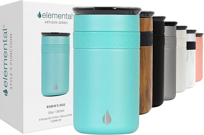 Elemental Artisan Insulated Tumbler, Triple Wall Coffee Travel Mug, Reusable Stainless Steel Coffee Tumbler with Ceramic Lid, Thermal Coffee Cups for Hot (6 Hrs) & Cold (18 Hrs), 12oz - Robin's Egg