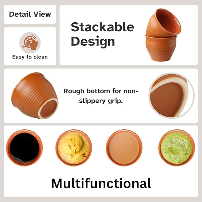 Handmade Cantaritos de Barro Mini Shot Ceramic Cups Set – 6 Desi Kulhad Chai/Coffee Cups (4 oz Capacity), Lead-Free, Dishwasher & Microwave Safe, Glossy finish Clay Tea Cups/kulhar/kullar - Brown