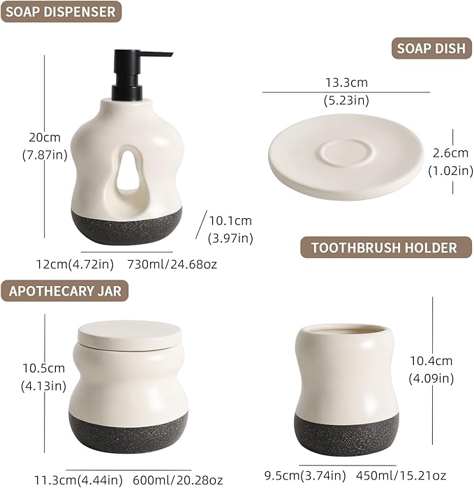 BosilunLife Bathroom Accessories Set of 4 - Beige Bathroom Countet Soap Set Bathroom Decor Bathroom Lotion Soap Dispenser Sets Toothbrush Holder and Soap Dispenser, Soap Dish, Apothecary Jar