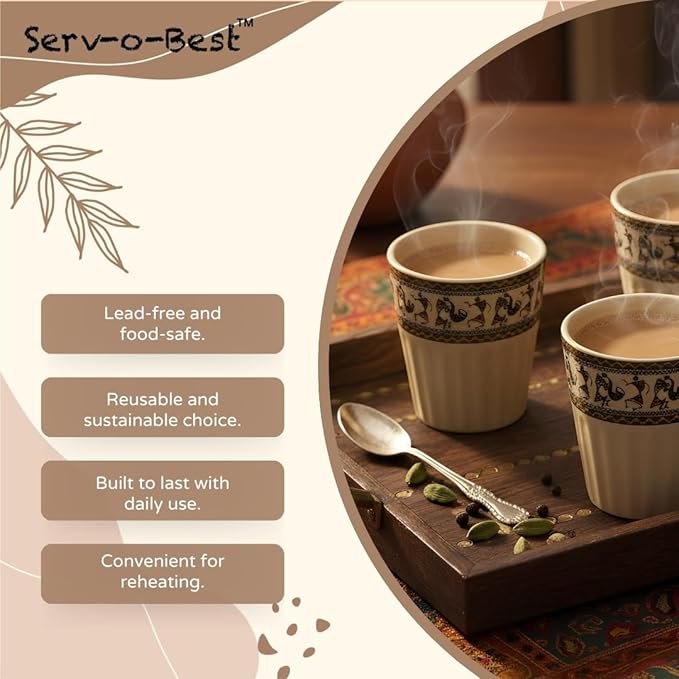 Handmade Cantaritos de Barro Ceramic Tea Set – 6 Desi Kulhad Chai/Coffee Cups (5 oz Capacity), Lead-Free, Dishwasher & Microwave Safe, Glossy finish Clay Tea/kulhar/kullar - Ivory Color