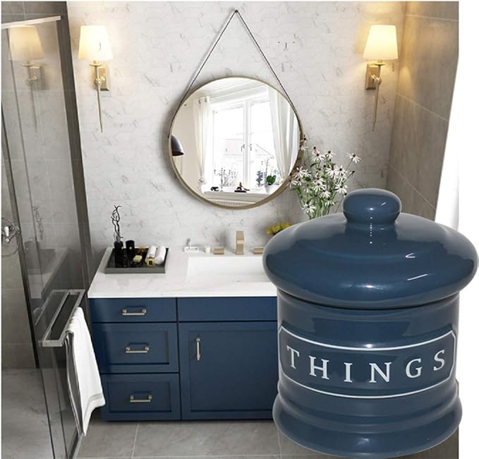 Bathroom Vanity Storage Organizer Canister Jars for Cotton Balls,Swabs,Bath Salts,Makeup Sponge,Cosmetic Pad,Qtip Ceramic Bathroom Accessories Canisters Holder with Lid Home Decor,Cobalt Blue