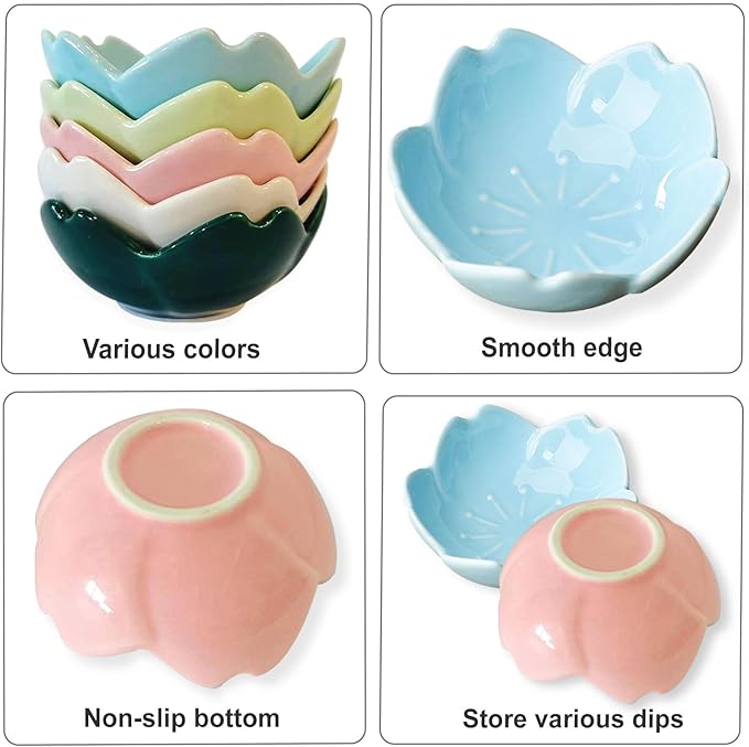 WHJY Blue Cherry Blossom Dish Set, Cute Pink Ceramic Plates, Sauce/Seasoning Dish, Sushi Dishes, Soy Dipping Bowl, Dessert, Appetizer Plates, Serving Dish for Kitchen Home – Set of 5