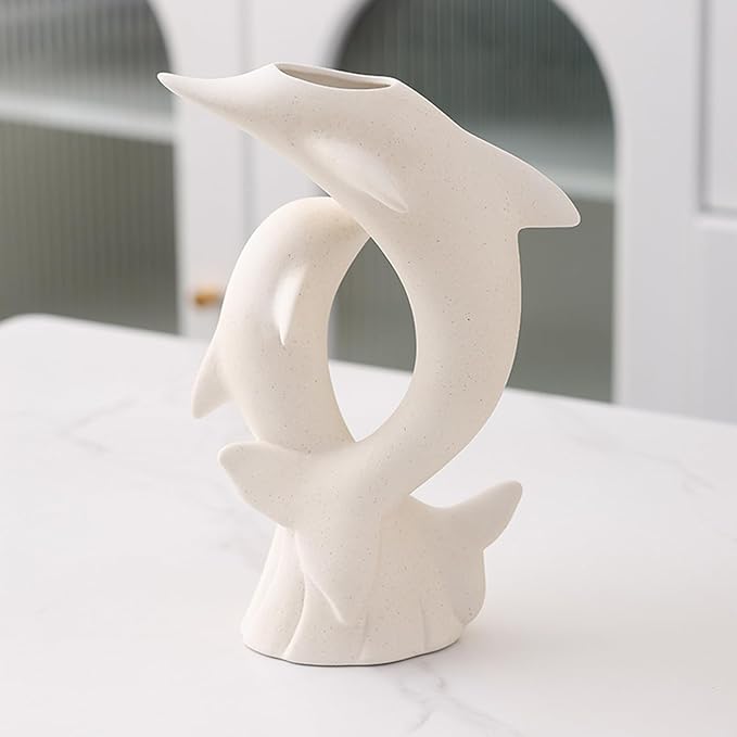 Handmade Ceramic Dolphin Vase, Artistic Animal - Shaped Flower Vase for Home Decor, Coastal Style Accent Piece