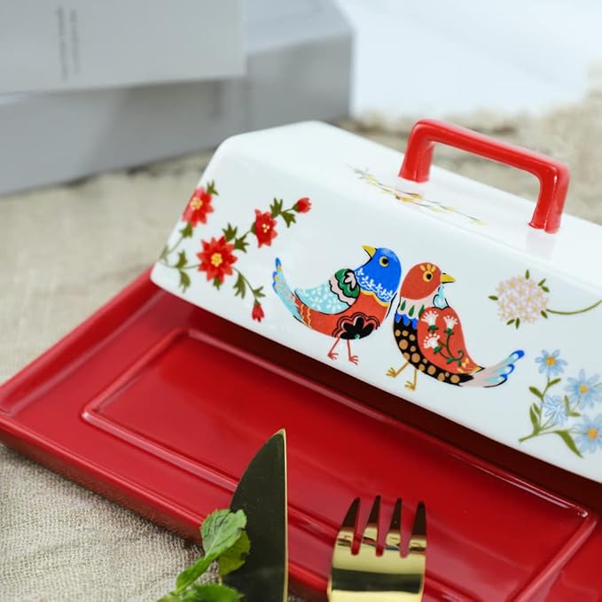Sizikato Porcelain Butter Dish with Lid, Red Flower and Bird Pattern-7.5 Inch