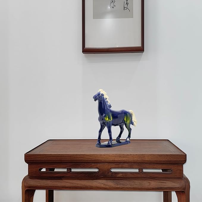 Handmade Chinese Ceramic Horse Sculpture - 9 Inch Tang Dynasty Tri-Color Porcelain Figurine, Museum Quality Home Office Desk Decor, Authentic Cultural Art Piece - Symbol of Strength & Success (Blue)