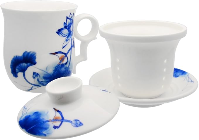 Porcelain Tea Cup with Infuser Lid and Saucer Sets - Chinese Jingdezhen Ceramics Coffee Mug Teacup Loose Leaf Tea Brewing System for Home Office