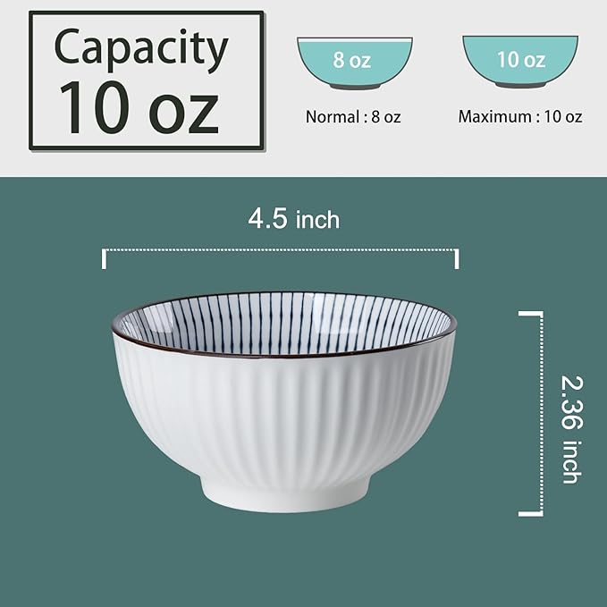 10 oz Small Ceramic Bowls Set of 6, 4.5 Inch Japanese Blue and White Bowls for Ice Cream, Rice, Dessert, Snack, Dipping, Microwave and Dishwasher Safe - Mixing Pattern