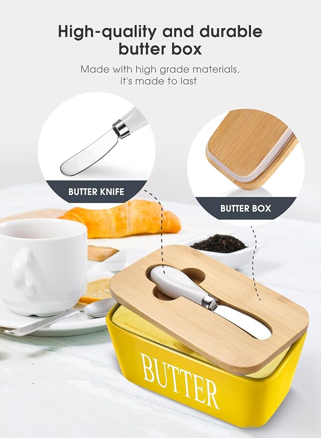 Butter Dish with Lid, Home Decor, Large Butter Dish for Countertop Ceramic Butter Keeper Container with Knife and High Quality Silicone Sealing Butter Box Good Kitchen Gift Yellow