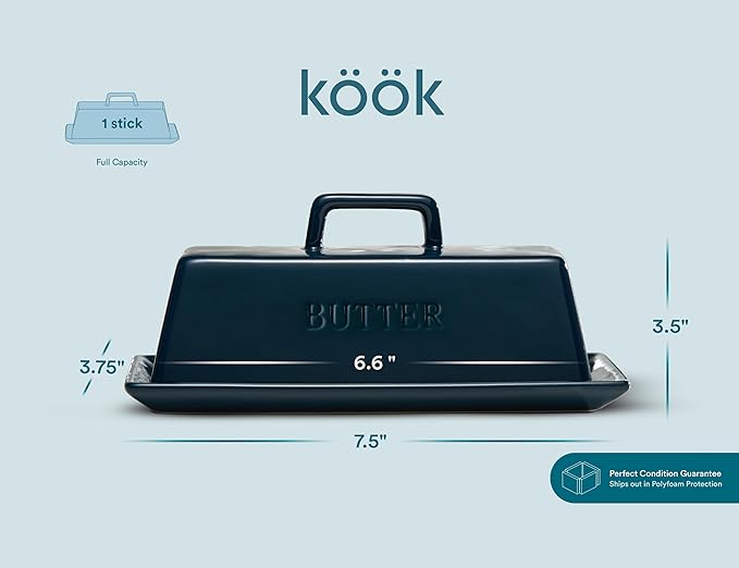 Butter Dish with Lid for Countertop, by Kook, Ceramic Dish Tray with Cover, Kitchen Keeper, Container, Holder (Navy)