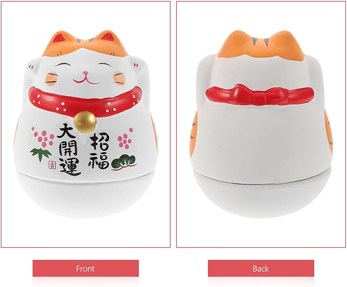 BESTonZON Ceramic Cat Tumbler Figurine Desktop Ornament White Lucky Cat Wobble Japanese Style Decorative Collectible for Home Office