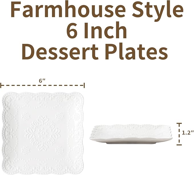White Small Dessert Plates Set of 4,Ceramic Dinner Plates 6 Inch for Appetizer, Fruits, Cake, Salad,Microwave Safe,Christmas Gift,Relief Style