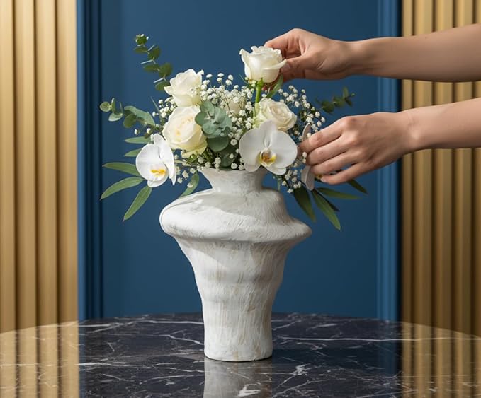 Handmade Ceramic Vase – Irregular Sculptural Design with White Textured Finish and Rustic Brush Strokes, Modern Decorative Pottery for Home Decor and Table Centerpiece