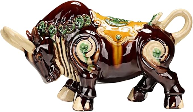 Retro Sculpture Ceramic Struggling Bull Sculpture Asian Art Decoration Collection Ornaments - Brown