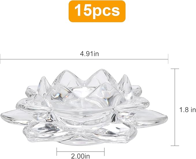 Crystal Glass Lotus Candle Holders, Crystal Tealight Candle Holders, Votive Candle Holder for Home Decor, Wedding &Party, Set of 15