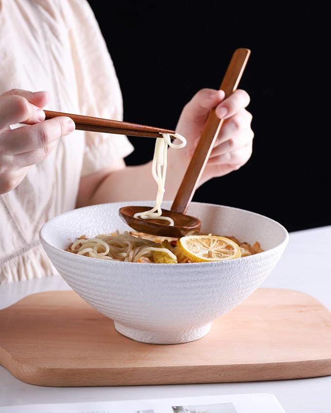 Kanwone Ceramic Japanese Ramen Bowl Set, Noodle Soup Bowls - 37 Ounce, with Matching Spoons and Chopsticks for Udon Soba Pho Asian Noodles, Set of 2, White