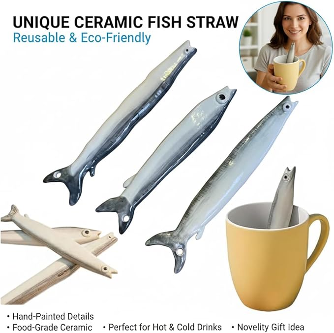 Ceramic Fish Drinking Straws | Unique Novelty Reusable Eco-Friendly Coffee Stirrer & Cocktail Accessories | Food Grade Artisan Gift for Home & Bar (2)