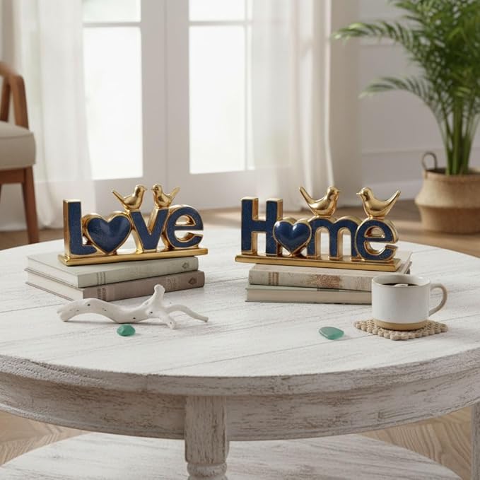 Ceramic Love & Home Sign Decor with Bird Statues Set 2,10" Modern Blue Gold Tabletop Sculptures for TV Stand,Floating Shelf & Entryway,Romantic Wedding & Warm Housewarming Gift Set (Blue)
