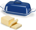 Qinyoung Ceramic Butter Dish with Lid for Countertop Extra Large Elegant Butter Dish Tray with Handle Durable Heavyweight Glazed Ceramic Kitchen Container Keeper Non-slip Base Minimalist(Blue)