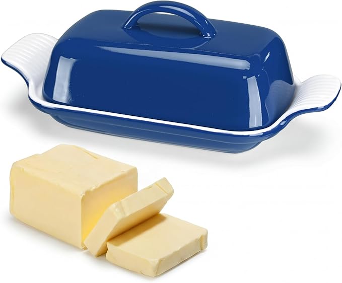 Qinyoung Ceramic Butter Dish with Lid for Countertop Extra Large Elegant Butter Dish Tray with Handle Durable Heavyweight Glazed Ceramic Kitchen Container Keeper Non-slip Base Minimalist(Blue)