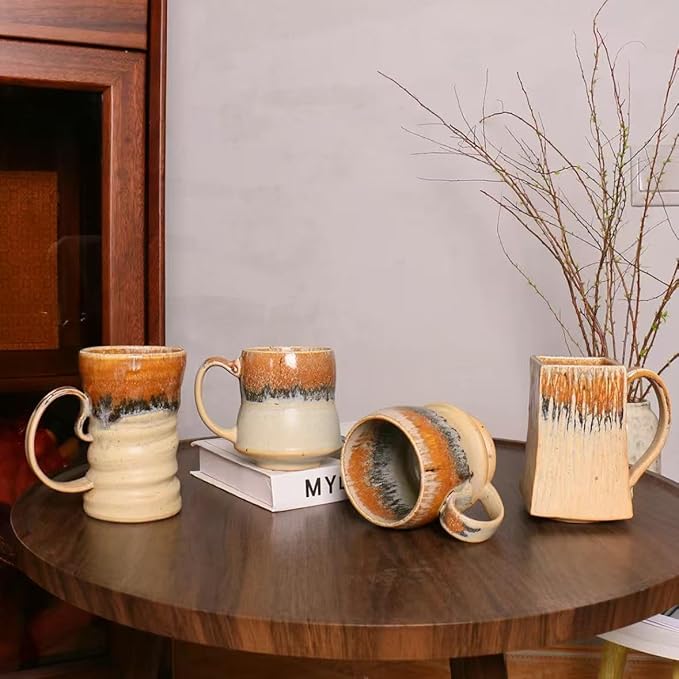 17oz Large Unique Cool Tall Handmade Ceramic Coffee Mug with Comfortable Big handle, Big Pottery Tea Mug, Artisanal Stoneware Coffee cup, Rustic Lead-free Tea Cups, Microwave safe,Biege and Brown