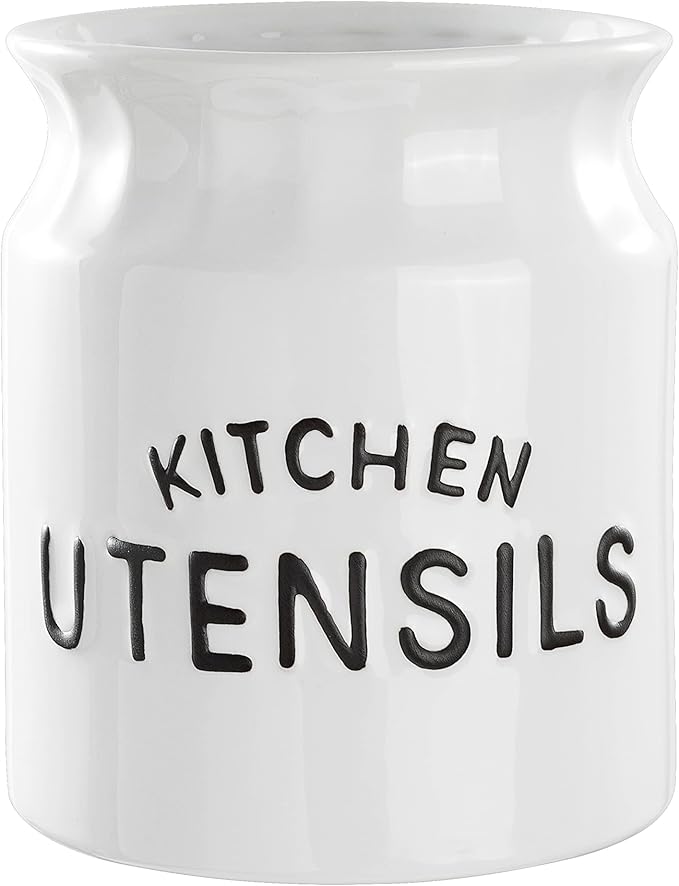 Utensil Holder, Ceramic Farmhouse Kitchen Utensil Holder for Kitchen Counter, 6.5" Large Cooking Utensil Crock for Countertop, White