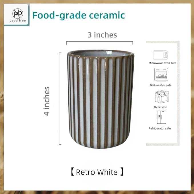 Stoneware Coffee Bar Utensil Holder Tea & Coffee Spoon & Stirrer Holder for Stir Stick Straw Teaspoon Holder Spoon Cup Small Utensil Jar Fluted Vertical Stripe (Retro White)