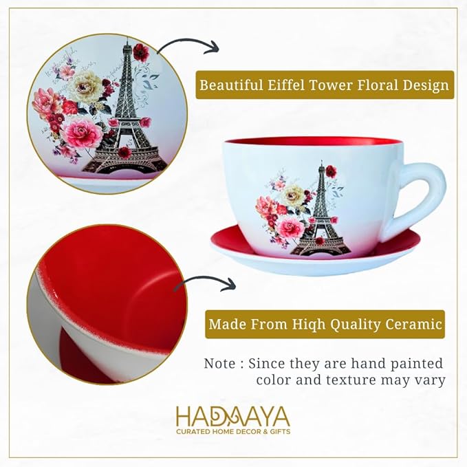 7.5" Ceramic Teacup Planter Pot with Saucer | Ideal for Succulents, Orchids, Herbs & Flowers | Indoor & Outdoor Use for Valentines Day Gift - RED - Paris Eiffel Tower