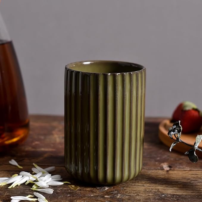 Stoneware Coffee Bar Utensil Holder Tea & Coffee Spoon & Stirrer Holder for Stir Stick Straw Teaspoon Holder Spoon Cup Small Utensil Jar Fluted Vertical Stripe (Retro Green)