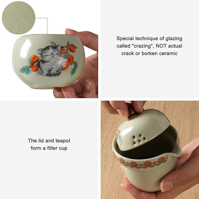 Mini Tea Cups,Cute Lucky Cat Cups,Small Tea Mugs,Porcelain Gongfu Tea set with 3 in 1,Tea Sets for Adults,Ceramic Tea Infuser Cup for Loose Leaf for Women/Tea Lovers/Birthday/Easter's Day (Green)