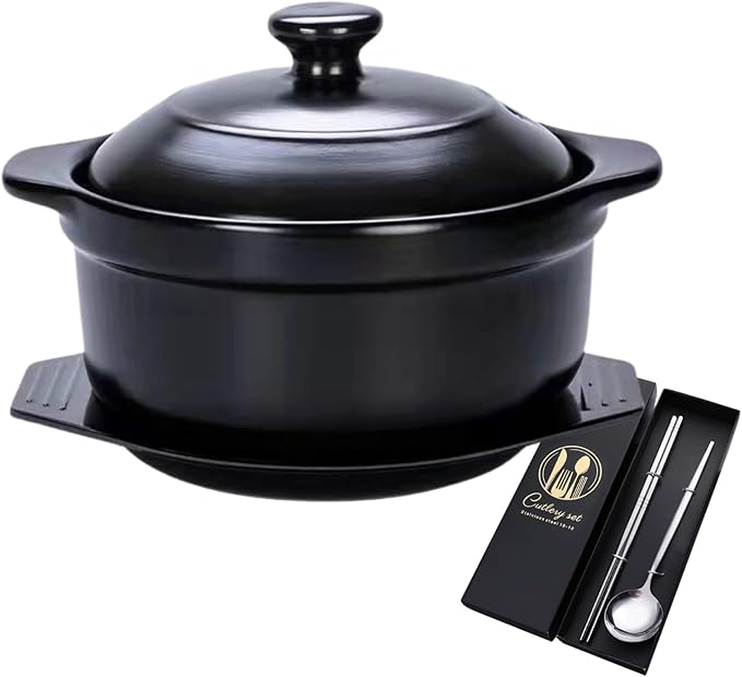 Korean Stone Pot, Ceramic Sizzling Hot Pot for Bibimbap Korean Stone Bowl with Lid and Trivet 40 oz Clay Pot for Cooking, Korean Cooking Pot, 1200ml, Black, for 1-2 people