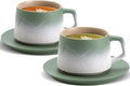 ZENS 8 Ounce Artistic Cappuccino Cups Set of 2, Embossed Ceramic Coffee Mug with Saucers for Latte Art, Moss Green & White