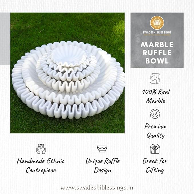 SWADESHI BLESSINGS HandCrafted Marble Ruffle Bowl/Antique Scallop Bowl/Fruit Bowl/Vintage Ring Dish/Decorative Flower Dish/HouseWarming Gift/Wedding Gifts/Urli (7 Inches)